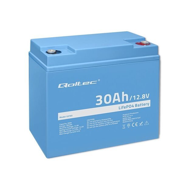 QOLTEC 53703 LiFePO4 lithium iron phosphate battery / 12.8V / 30Ah / 384Wh / BMS