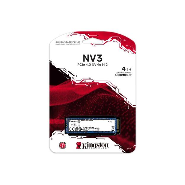 SSD|KINGSTON|NV3|4TB|M.2|PCIE|3D NAND|Write speed 5000 MBytes/sec|Read speed 6000 MBytes/sec|MTBF 200000 hours|SNV3S/4000G