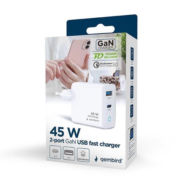 CHARGER USB 45W 2PORT GAN/TA-UC-PDQC45L-W-01 GEMBIRD