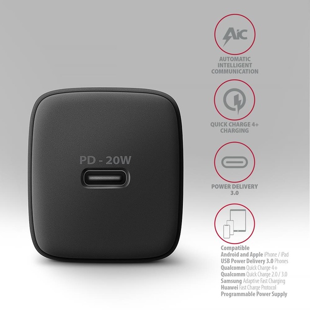 MOBILE CHARGER WALL USB-C 20W/1PORT BLACK ACU-PD20 AXAGON