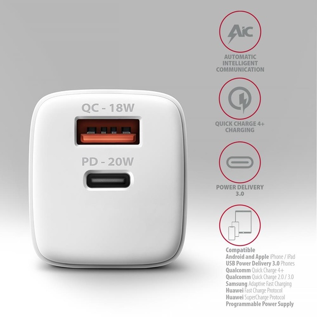 MOBILE CHARGER WALL USB 20W/2PORT WHITE ACU-PQ20W AXAGON