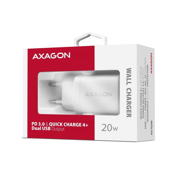 MOBILE CHARGER WALL USB 20W/2PORT WHITE ACU-PQ20W AXAGON 1