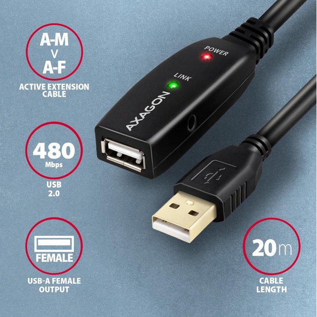 CABLE USB2.0 A-M/A-F ACTIVE/20M ADR-220 AXAGON
