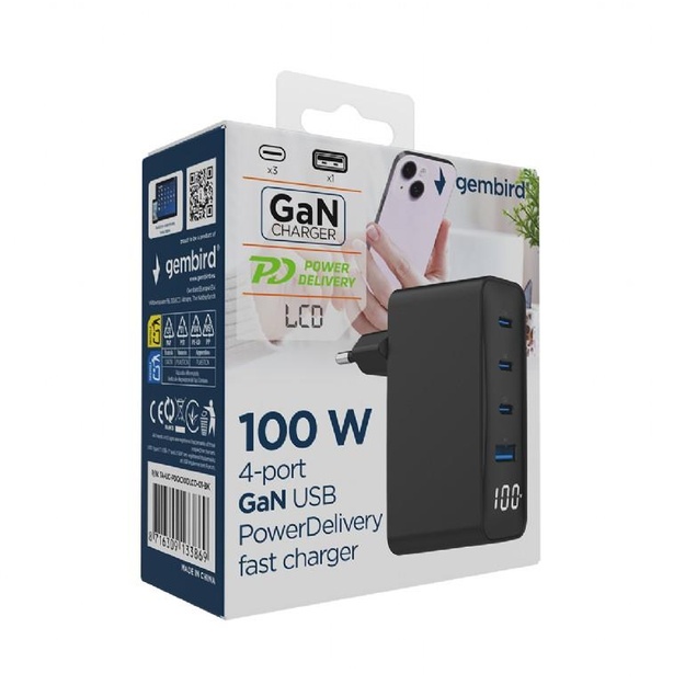 CHARGER USB 100W 4PORT GAN/TA-UC-PDQC100LCD-01-BK GEMBIRD