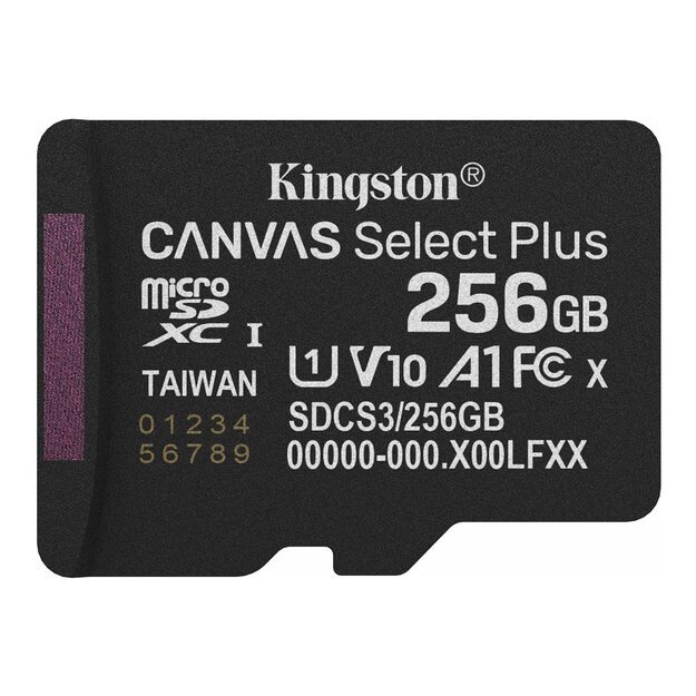 KINGSTON 256GB micSDXC Canvas Select Plus Gen3 150R A1 Single Pack w/o ADP