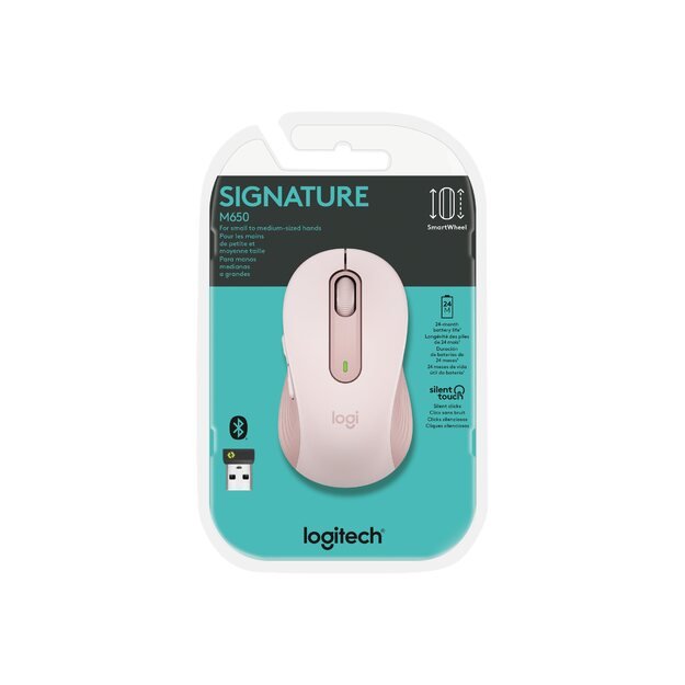 LOGITECH Signature M650 Mouse optical 5 buttons wireless Bluetooth 2.4 GHz Bolt USB receiver rose 3