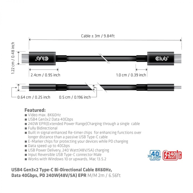 CABLE USB-C 3M/M/M CAC-1579 CLUB3D