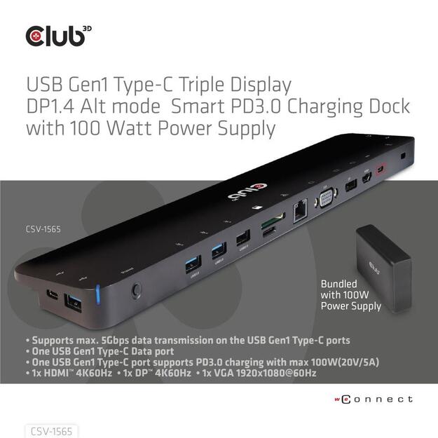 NB ACC DOCKING STATION/USB-C 100W CSV-1565 CLUB3D 3