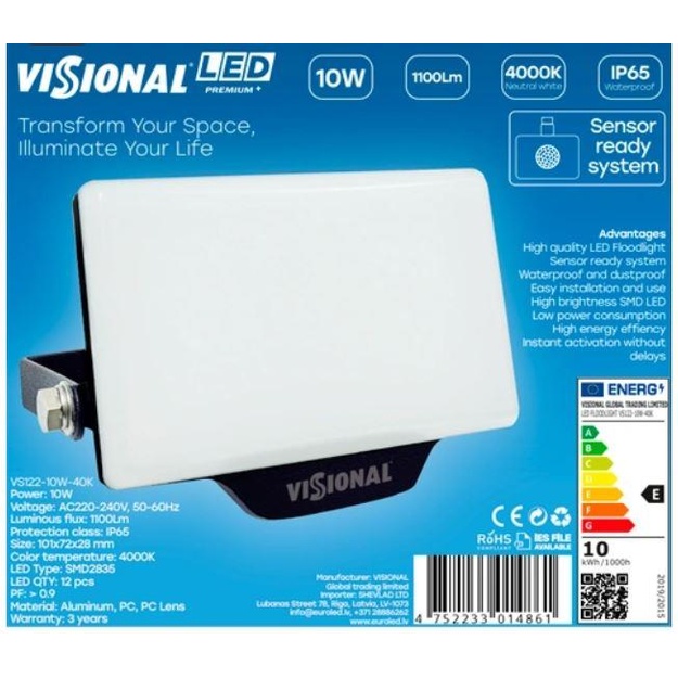 Lamp|VISIONAL|Power consumption 10 Watts|Luminous flux 1100 Lumen|4000 K|AC220-240V|Beam angle 120 degrees|VS122-10W-40K