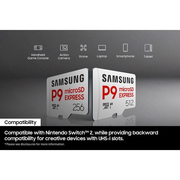 SAMSUNG P9 Express microSD Express Card 512GB 4K UHD NVMe 1.3 800 MB/s Read 310 MB/s Write Memory card for Nintendo Switch 2