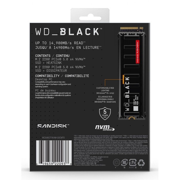 SSD|SANDISK|2400xTBW rating|NVMe Yes|PCI Express 5.0|M.2|4000 GB|WDS400T1XHM-00CMT0