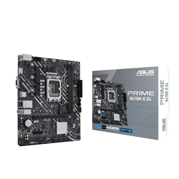 Pagrindinė plokštė|ASUS|Intel H610|LGA1700|MicroATX|Memory DDR4|Memory slots 2|1xPCI-Express 3.0 1x|1xPCI-Express 4.0 16x|1xM.2|1x15pin D-sub|1xHDMI|2xAudio-In|1xAudio-Out|4xUSB 2.0|2xUSB 3.2|1xPS/2|1xRJ45|PRIMEH610M-KD4