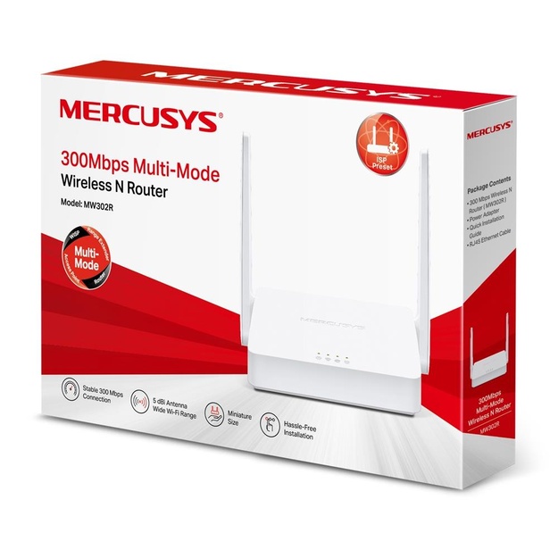 Maršrutizatorius |MERCUSYS|300 Mbps|IEEE 802.11b|IEEE 802.11g|IEEE 802.11n|2x10/100M|LAN \ WAN ports 1|Number of antennas 2|MW302R