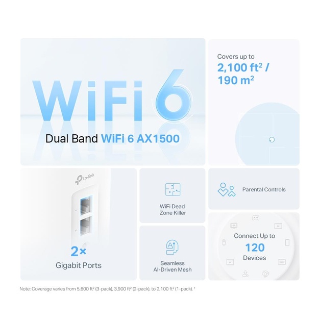Namų bevielio Mesh tinklo sistema TP-LINK 1500Mbps Wi-Fi 6 1x10/100/1000M 1x2.5GbE DHCP DECOX10(2-PACK)