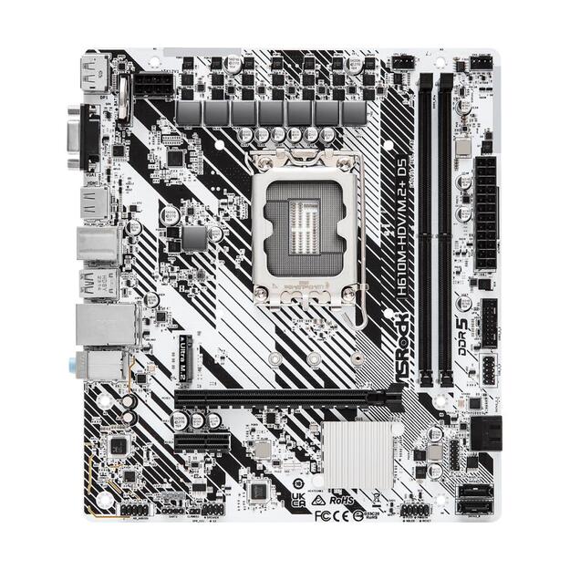 Mainboard|ASROCK|Intel H610|LGA1700|Micro-ATX|Memory DDR5|Memory slots 2|1xPCI-Express 3.0 1x|1xPCI-Express 4.0 16x|1xM.2|1x15pin D-sub|1xHDMI|1xDisplayPort|1xAudio-In|1xAudio-Out|1xMicrophone|4xUSB 2.0|1xUSB 3.2|1xUSB-C|1xPS/2|1xRJ45|H610M-HDV/M.2+D5