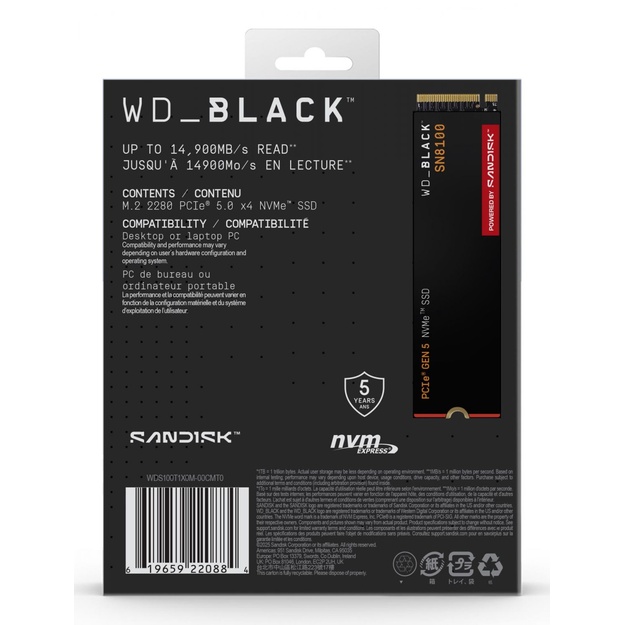 SSD PCIE G5 M.2 1TB/BLACK SN8100 WDS100T1X0M WDC