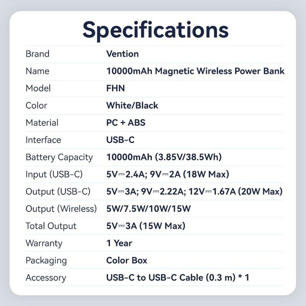 POWER BANK WRL 10000MAH 20W/MAGNETIC BLACK FHNB0 VENTION