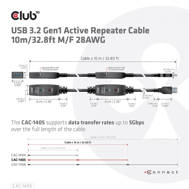 CABLE USB3.2 REPEATER 10M/M/F CAC-1405 CLUB3D