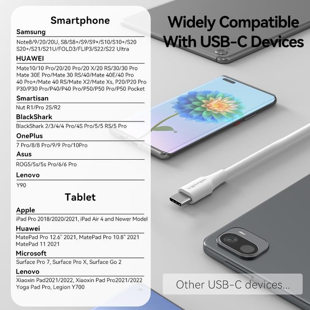 CABLE USB-C TO USB2.0 3A/1M WHITE CTHWF VENTION