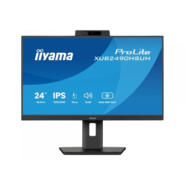 IIYAMA 24inch IPS-panel 1920x1080 Windows Hello Webcam 5MP Auto Focus 15cm Height Adj. Stand 4ms 250cd/m2 Speakers HDMI DP
