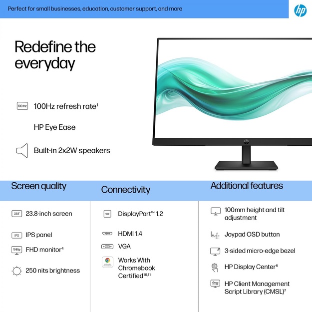 LCD Monitor|HP|23.8  |1920 x 1080 pixels|Full HD|Native aspect ratio 16:9|LCD|Flat|B0BU9UT