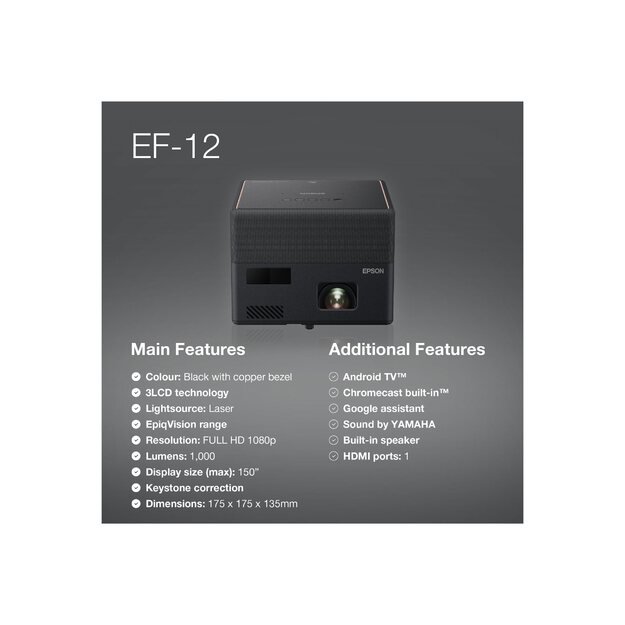 Projektorius EPSON EF-12 FHD 1920x1080 1000Lumen 2500000:1 Home cinema/Entertainment and gaming