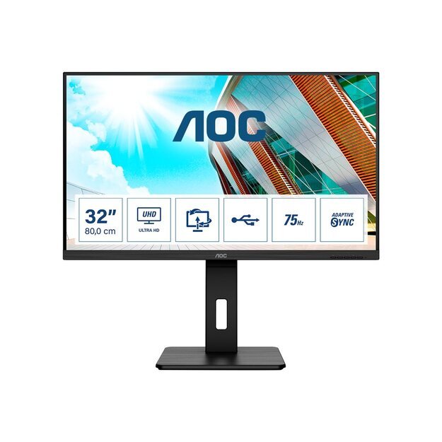 Monitorius AOC U32P2 31.5inch VA WLED UHD 3840x2160 16:9 3000:1 350cd/m2 178/178 75Hz 4ms 2xHDMI 2.0 3Wx2 100x100 Black