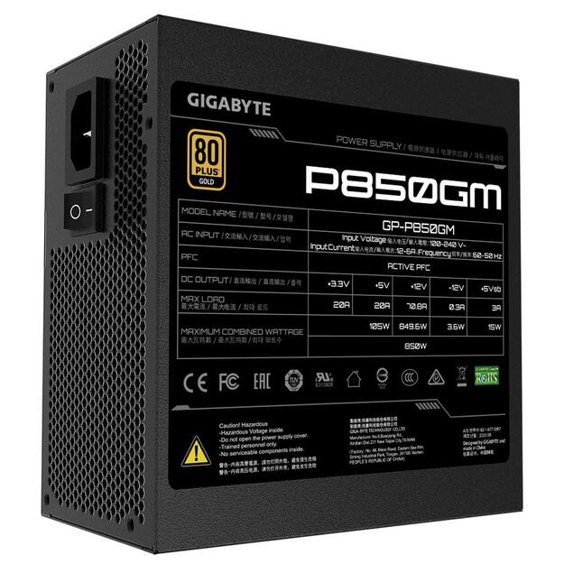 Maitinimo šaltinis kompiuteriui Power Supply|GIGABYTE|850 Watts|Efficiency 80 PLUS GOLD|PFC Active|MTBF 100000 hours|GP-P850GM 1