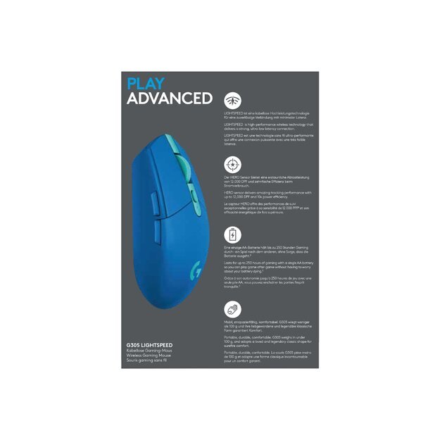 Kompiuterinė pelė belaidė LOGITECH G305 LightSpeed Wireless Gaming Mouse - BLUE - EER2 23