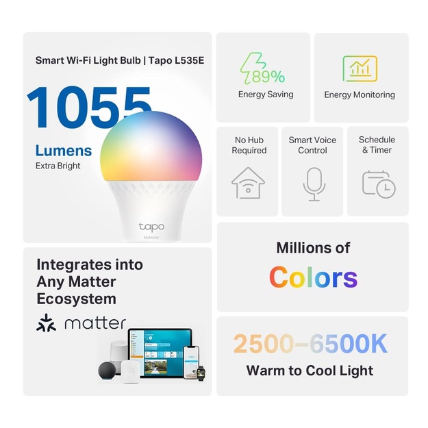 Išmanioji lemputė TP-LINK 8.6W 1055 Lumen 6500 K 240V Beam angle 220 degrees TAPO L535E