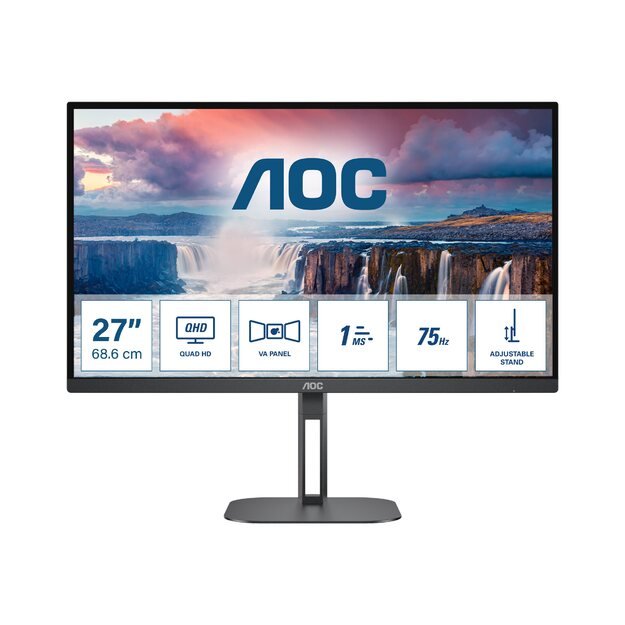 LCD Monitor|AOC|27 |Panel VA|2560x1440|16:9|75 Hz|Matte|4 ms|Speakers|Swivel|Pivot|Height adjustable|Tilt|Colour Black|Q27V5N/BK