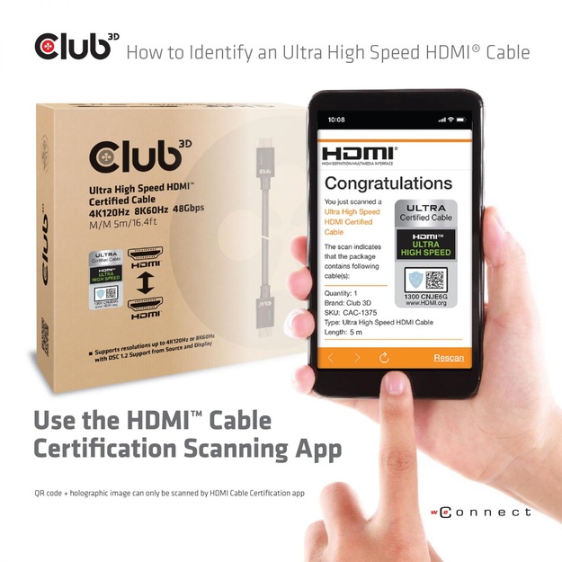 CABLE HDMI TO HDMI 5M/M/M CAC-1375 CLUB3D