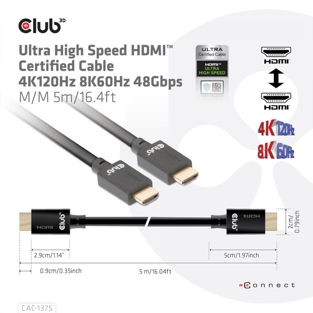 CABLE HDMI TO HDMI 5M/M/M CAC-1375 CLUB3D