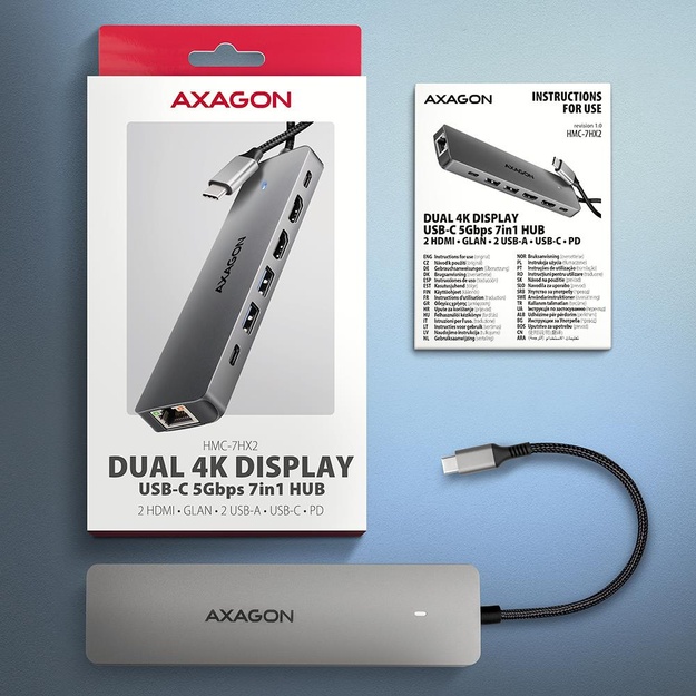 I/O HUB USB-C 7IN1 DUAL 4K/0.15M HMC-7HX2 AXAGON