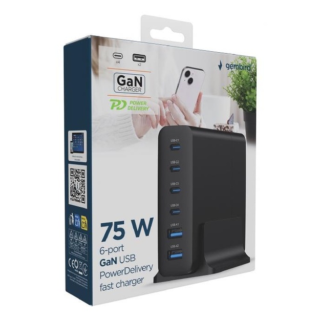 CHARGER USB UNIVERSAL 6P 75W/TA-UC-2A4C-PD75-01-BK GEMBIRD