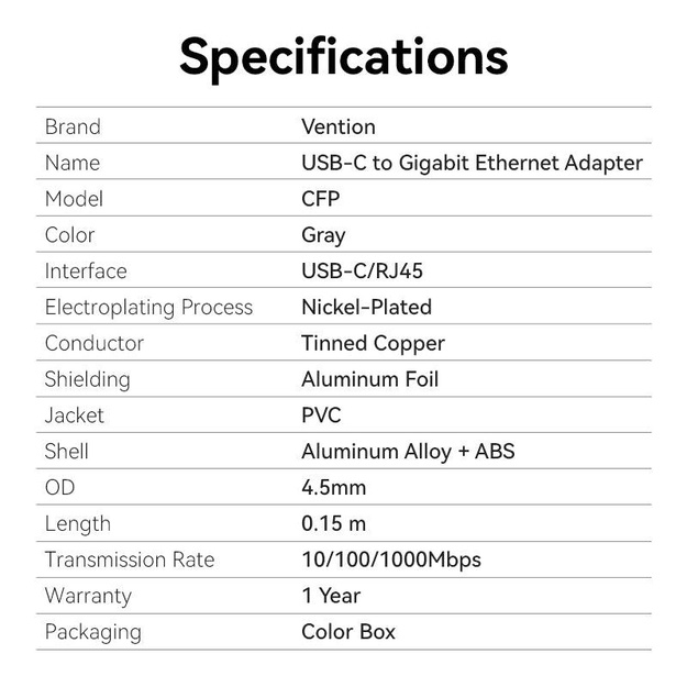NET ADAPTER USB-C GIGABIT/0.15M CFPHB VENTION