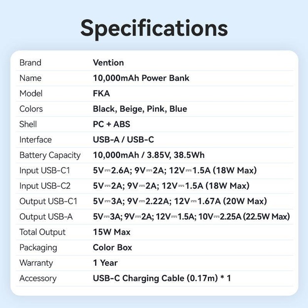 POWER BANK USB 10000MAH 22.5W/BLACK FKAB0-C VENTION
