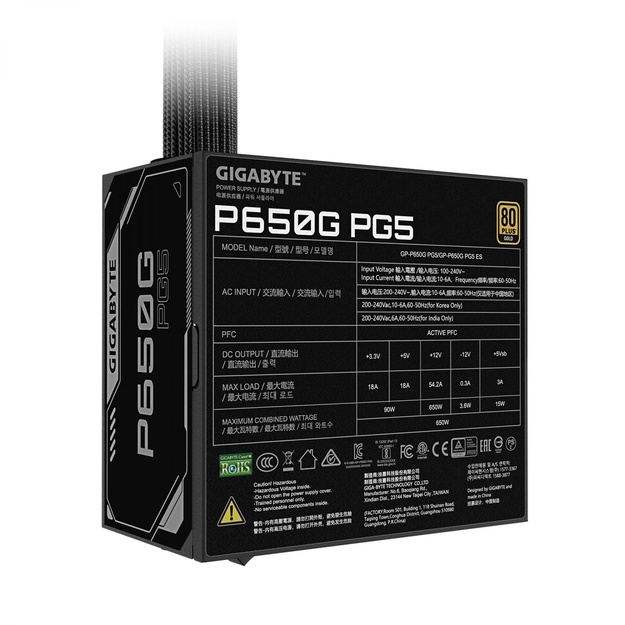 Power Supply|GIGABYTE|GP-P650G PG5|ATX 3.1|650 Watts|Efficiency 80 PLUS GOLD|PFC Active|MTBF 100000 hours|GP-P650GPG5