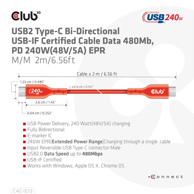 CABLE USB-C TO USB-C 2M/M/M CAC-1573 CLUB3D