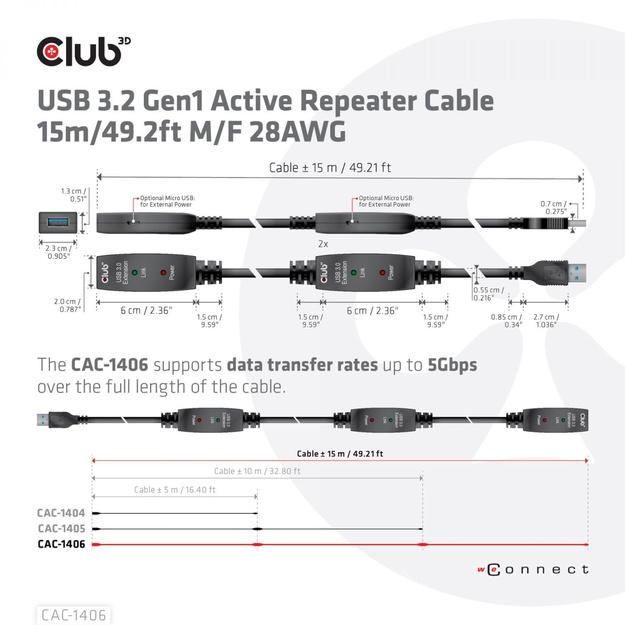 CABLE USB3.2 REPEATER 15M/M/F CAC-1406 CLUB3D
