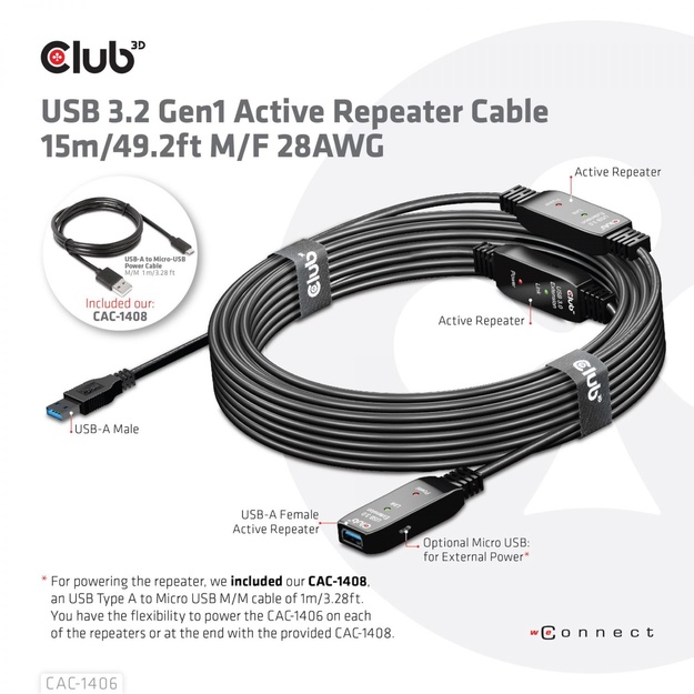 CABLE USB3.2 REPEATER 15M/M/F CAC-1406 CLUB3D