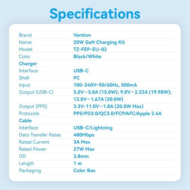 MOBILE CHARGER WALL USB-C/20W TZ-FEPW0-EU-02 VENTION