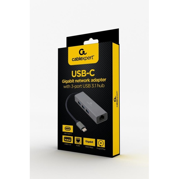 Tinklo adapteris USB-C LAN RJ45 USB HUB A-CMU3-LAN-01 GEMBIRD