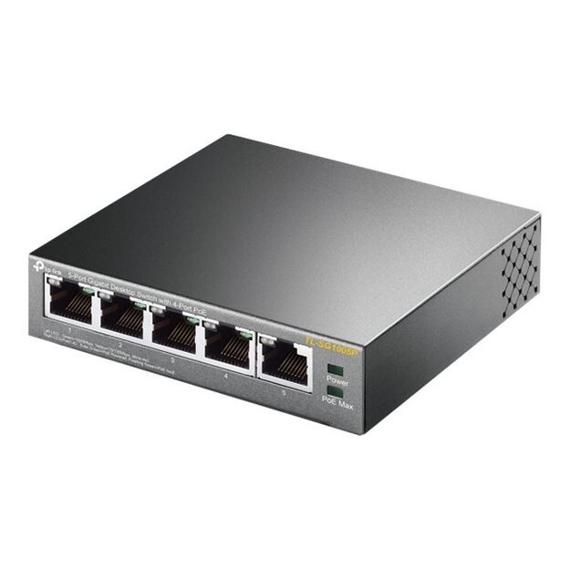 Komutatorius TP-LINK 5-Port Gigabit Desktop with 4-Port PoE 5 Gigabit RJ45 ports 4 PoE ports 56W PoE steel case