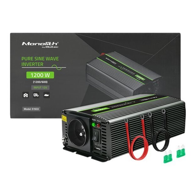 QOLTEC 51933 Pure Sine Wave Inverter Monolith / 600W / 1200W / 12V to 230V