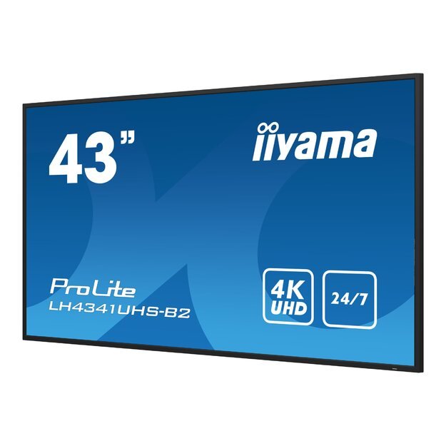 IIYAMA LH4341UHS-B2 43inch 3840x2160 4K UHD IPS panel 1precent Haze Landscape and Portrait mode Speakers 2x 10W VGA 3x HDMI 500cd/m2