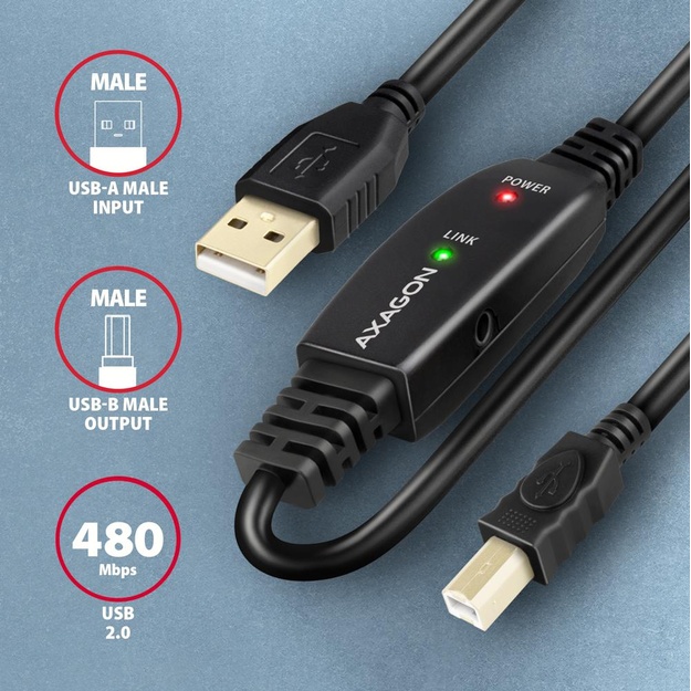 CABLE USB2.0 A-M/B-M ACTIVE/15M ADR-215B AXAGON