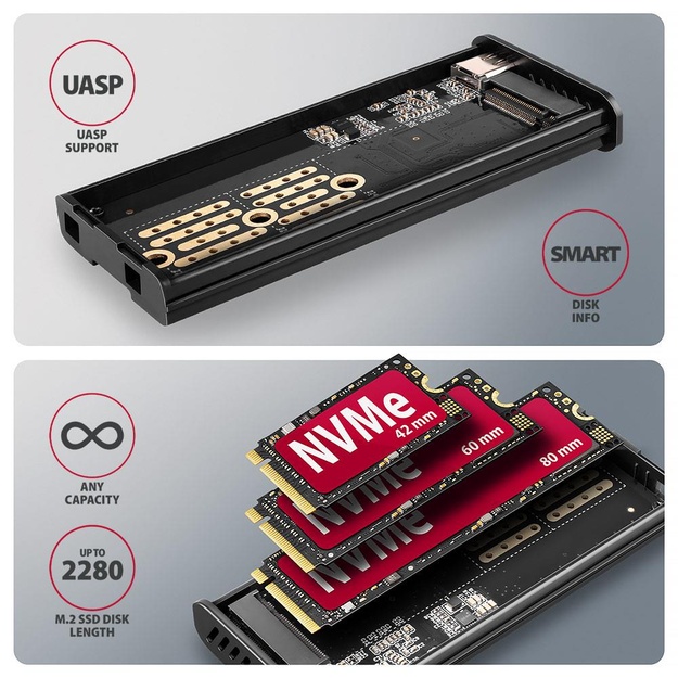 SSD ACC ENCLOSURE M.2 NVME/SATA USB3.2 EEM2-SD2 AXAGON