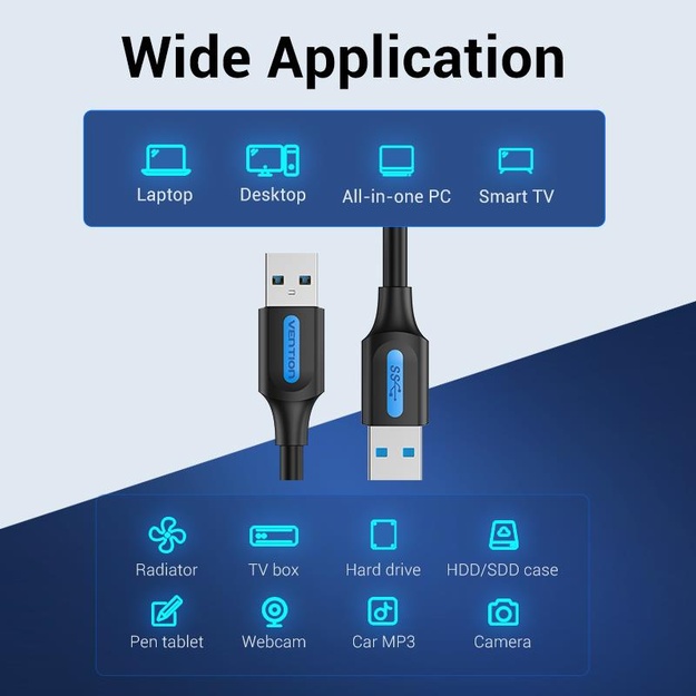 CABLE USB3.0 MALE TO MALE/0.5M BLACK CONBD VENTION