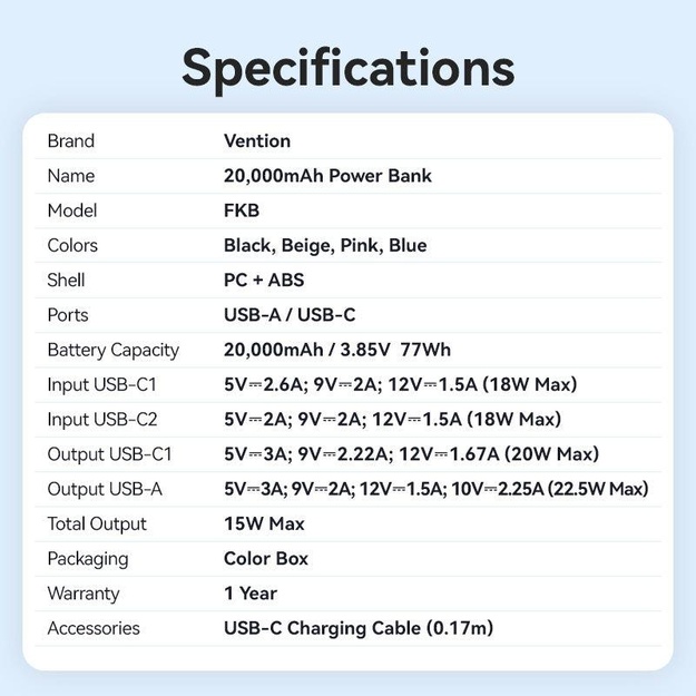 POWER BANK USB 20000MAH 22.5W/BEIGE FKBN0-C VENTION